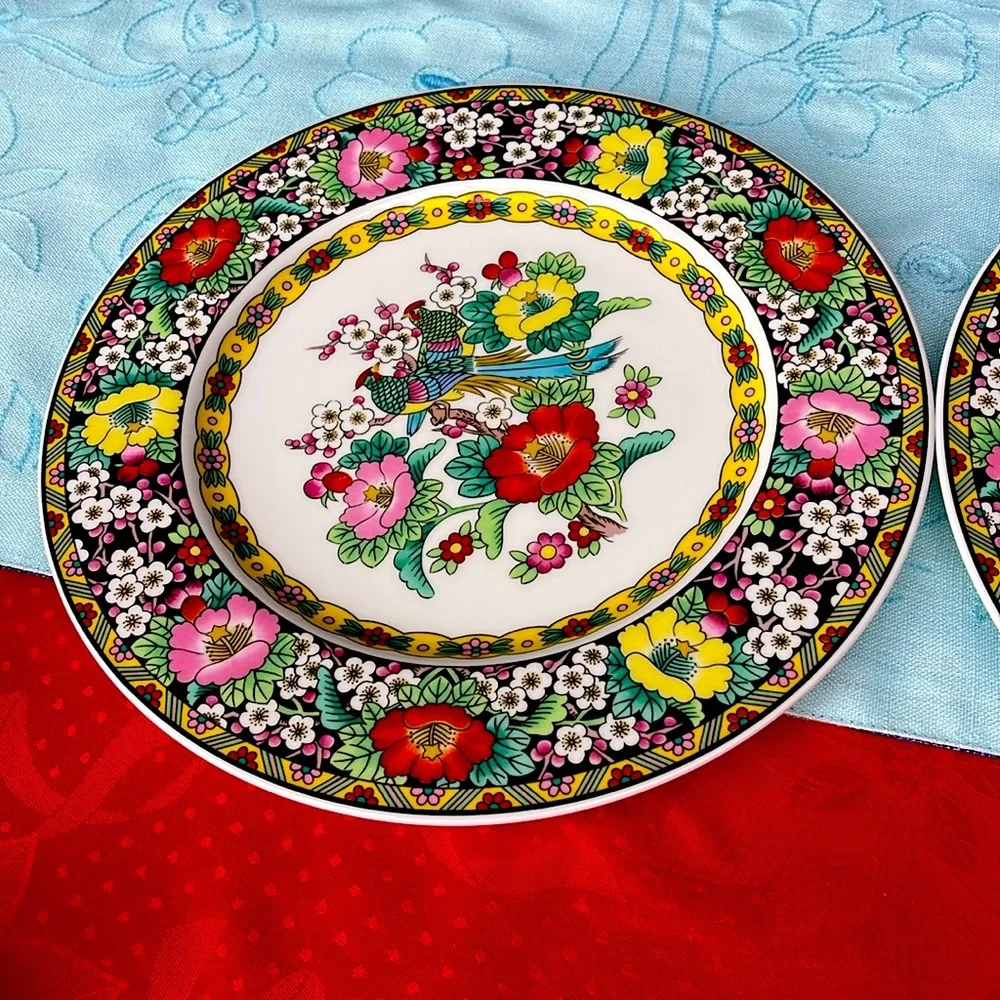 Mikasa Red and Green Ornate Dinnerware set of  2 -Bone China Kutani Bird
